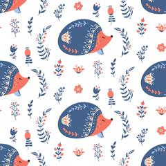 Scandinavian hedgehog seamless pattern folk forest animal background © DandelionFly