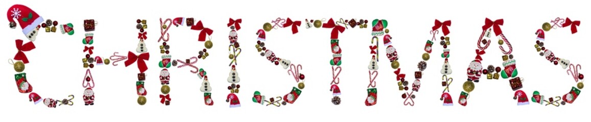 The word Christmas made from New Year's candies and toys.  On white background.