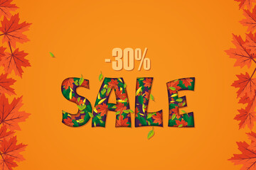 Autumn sale banner with leaves and 30% discount. Vector illustration, flat, papercut