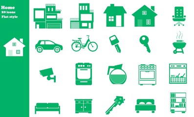 Maison, meubles et équipements d'intérieur en 20 icônes vertes, collection