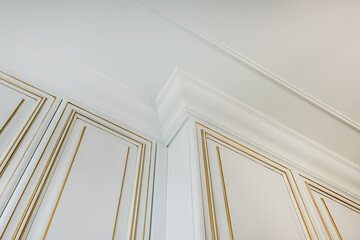 corner of ceiling and walls with intricate crown moulding. Interior construction and renovation...