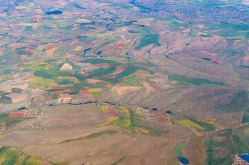Aerial view of fields and villages	