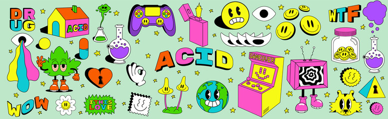 Large pack of acidic abstract characters and objects. In a cartoon style, a set of bright psychedelics, all elements are isolated - obrazy, fototapety, plakaty
