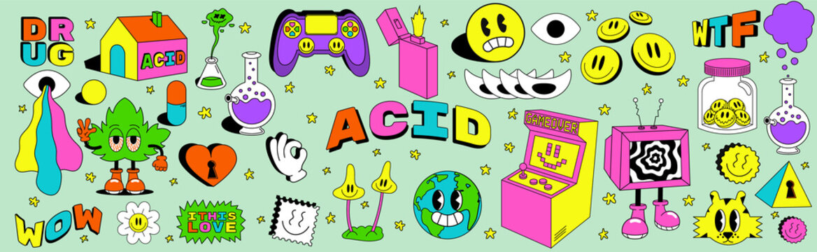 Large pack of acidic abstract characters and objects. In a cartoon style, a set of bright psychedelics, all elements are isolated