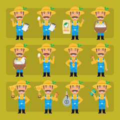 Farmer with hat and mustache in different poses and emotions Pack 1. Big character set