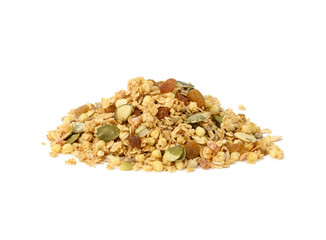 bunch of oatmeal crunches with raisins, pumpkin seeds and sunflower seeds.