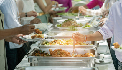 buffet food, catering food party at restaurant, mini canapes, snacks and appetizers
