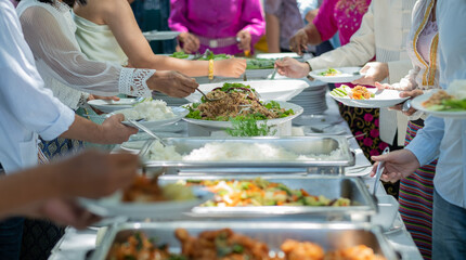 buffet food, catering food party at restaurant, mini canapes, snacks and appetizers
