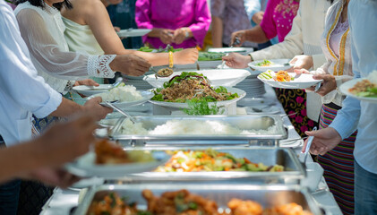 buffet food, catering food party at restaurant, mini canapes, snacks and appetizers

