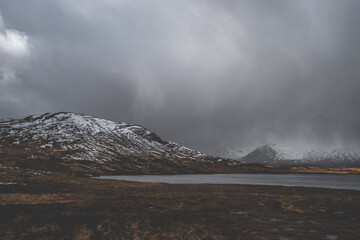 Glencoe mountains during winter with a lake in the distance