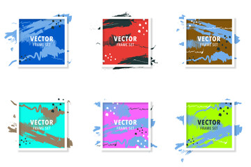 Grunge backgrounds frame set. Brush paint ink stroke over square frame. 