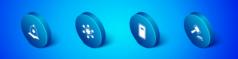 Set Isometric British police helmet, Police assault shield, Judge gavel and Hexagram sheriff icon. Vector