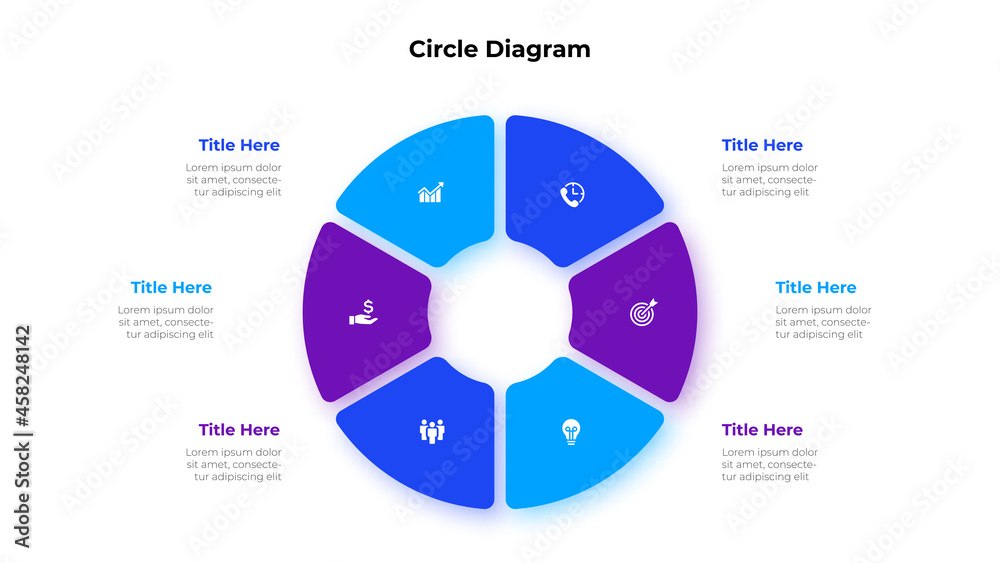 Aufkleber Circle diagram divided into 6 segments. Concept of six options of business project management. Vector illustration for data analysis visualization