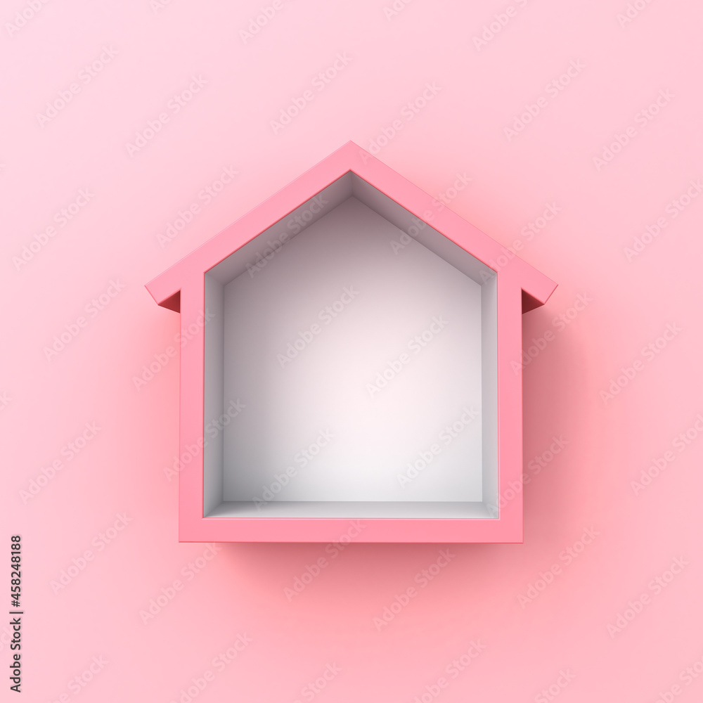 Poster Blank minimal sweet house shelf isolated on pink pastel color wall background with shadow minimal conceptual 3D rendering