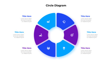 Circle diagram divided into 6 segments. Concept of six options of business project management. Vector illustration for data analysis visualization - obrazy, fototapety, plakaty