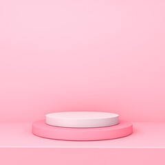 Blank minimal podium or product platform pedestal isolated on pink pastel color wall background with shadow idea conceptual 3D rendering