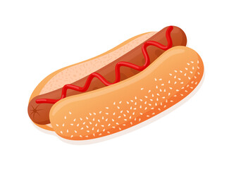 Flat illustration of American delicious hot dog for poster, advertisement, menu, restaurant. Hot dog with sausage, ketchup and sesame seed bun
