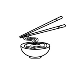 Vector noodles in bowl and chopsticks with line design isolated on white background