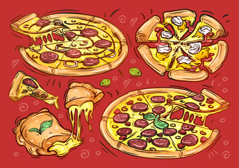 Fast food illustration. Hand drawn sketch. Pizza, calzone, pepperoni, margarita, cheese. Street food collection, take away menu design. Vector doodle color set