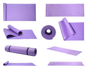 Set with violet camping mats on white background