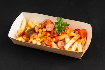 french fries with sausage and corn