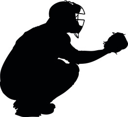 Baseball Catcher in ready position to playing. Baseball Catcher at work on baseball field detailed realistic silhouette
