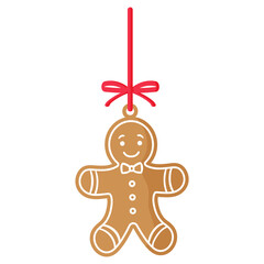 Christmas festive gingerbread Man cookie covered by white icing with red ribbon.