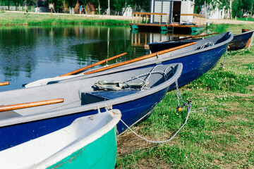 Fototapeta premium Old boats on a lake, beauty world. Retro style.