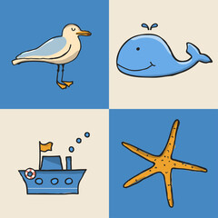 Cartoon set of marine icons.