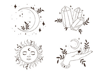 Mystical signs. Moon and sun. Illustrations for astrology. Illustrations for tattoos. 4 separate illustrations.