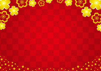 金の桜と市松模様の和風背景　フレーム　中華イメージ　横　Japanese style  China  Cherry blossoms 
 background