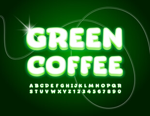 Fototapeta na wymiar Vector bright Emblem Green Coffee. Modern Neon Font. Set of glowing Alphabet Letters and Numbers