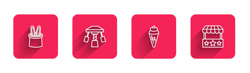 Set line Magician hat and rabbit ears, Attraction carousel, Ice cream in waffle cone and Ticket box office with long shadow. Red square button. Vector