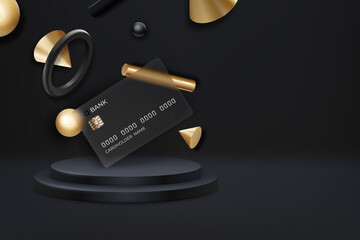 Glassmorphism concept. Glass effect banking card with flowing realistic geometry elements on dark background. Banking web design