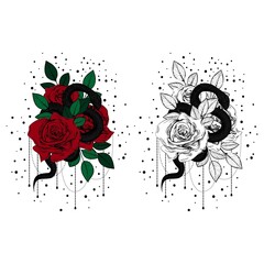 Vintage roses and snakes. Set of gothic tattoos. Collection of graphic and color isolated vector illustrations.