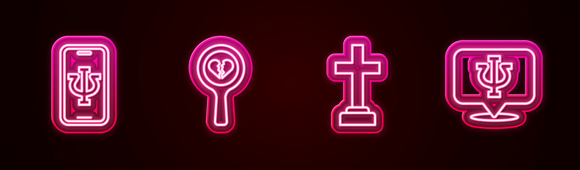 Set line Psychologist online, Broken heart or divorce, Graves funeral sorrow and Psychology, Psi. Glowing neon icon. Vector