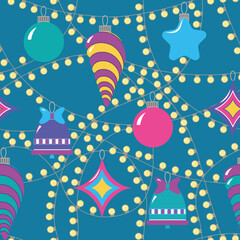 Fototapeta premium Seamless vector pattern with bright New Year's toys on a blue background. Decorated balls painted with graphic ornaments