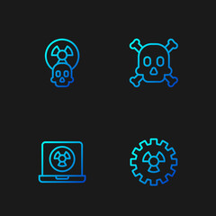 Set line Radioactive, Nuclear laptop, and Bones and skull warning. Gradient color icons. Vector
