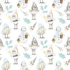 Christmas cute snowmen, winter birds and holly leaves seamless pattern, hand drawn illustration on a white background