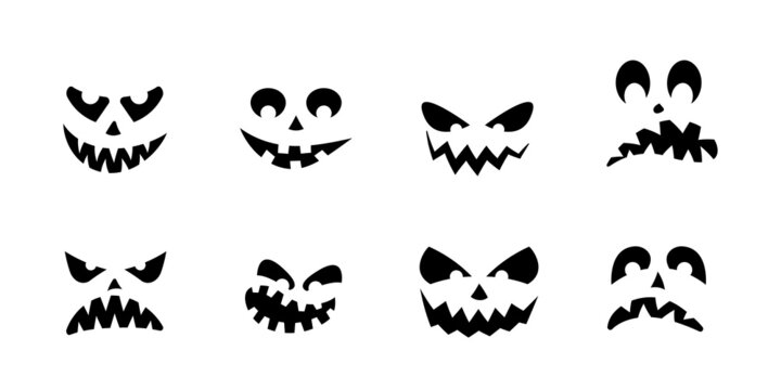 Halloween pumpkin face icon set. Scary, funny, happy, smile, creepy and spooky ghost faces. Vector illustration.