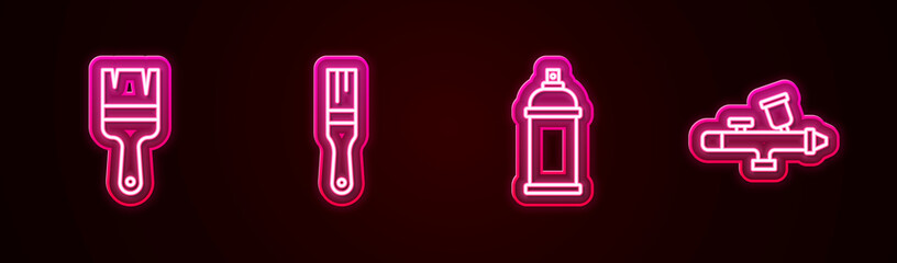 Set line Paint brush, spray can and gun. Glowing neon icon. Vector
