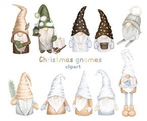 Set of scandinavian forest gnomes, Christmas winter gnomes clipart, isolated illustration on white background - 458252923