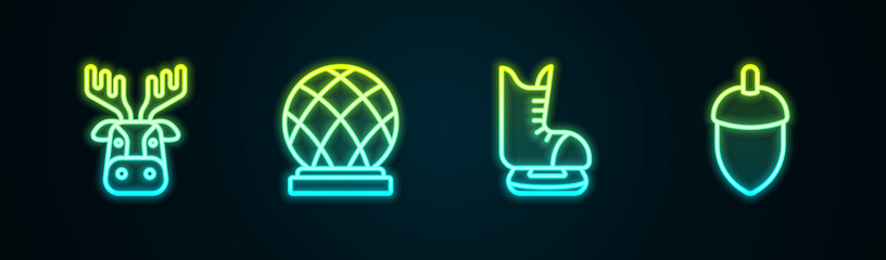 Set line Deer head with antlers, Montreal Biosphere, Skates and Acorn. Glowing neon icon. Vector
