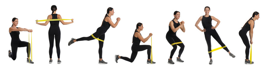 Woman doing sportive exercises with fitness elastic band on white background, collage. Banner design