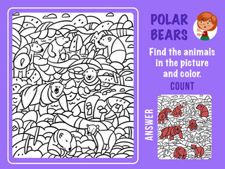Find bears among snow and ice, color and count. Games for kids. Puzzle game with hidden objects. Funny cartoon characters. Vector illustration.