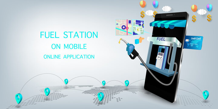 Fuel Station Online on Website or Mobile Application Vector Concept Fuel on mobile, Online Application full service concept.