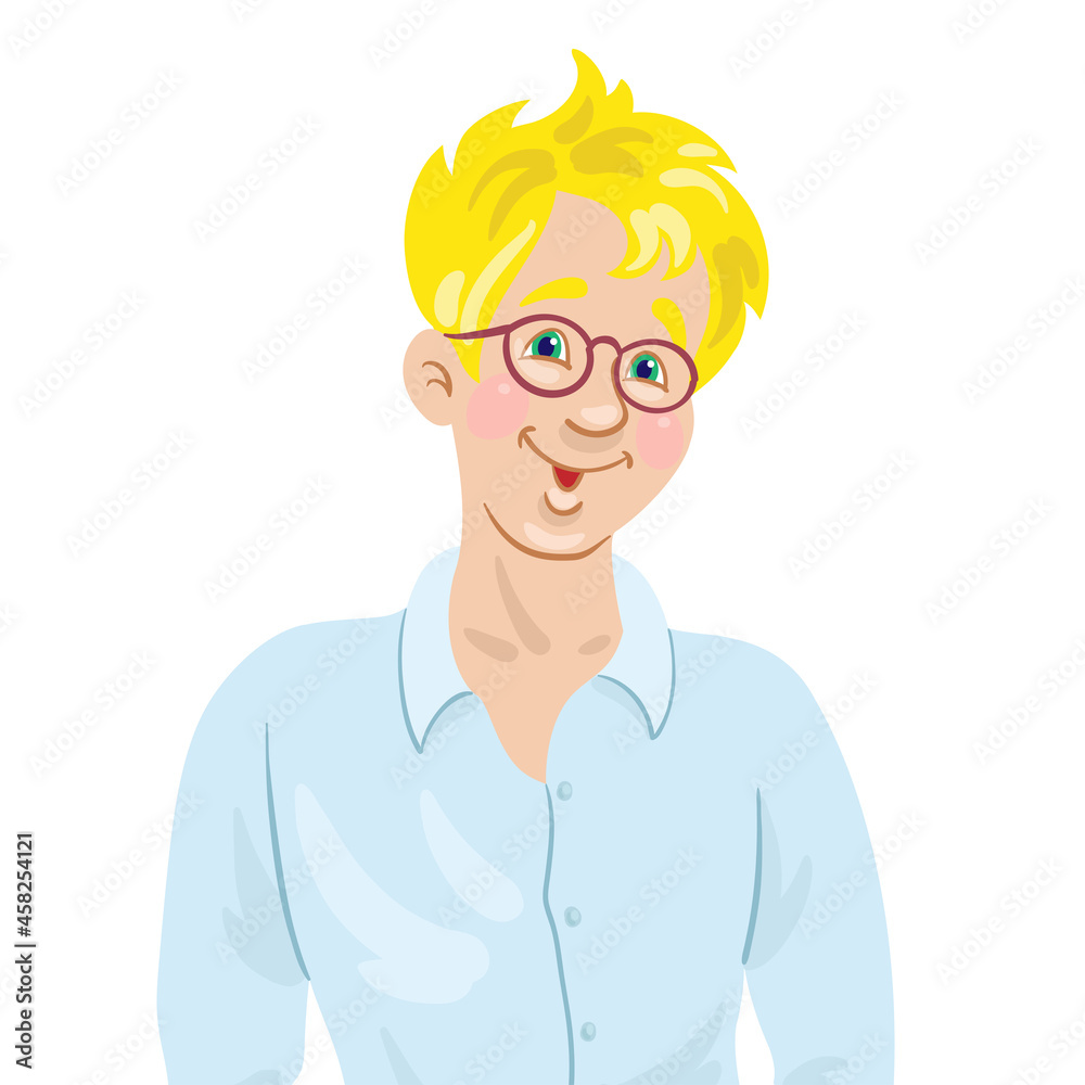 Wall mural Portrait of a young man with blond hair in glasses. In  cartoon style. Isolated on white background. Vector illustration