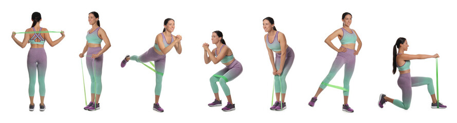 Woman doing sportive exercises with fitness elastic band on white background, collage. Banner design