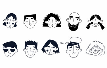 Doodle faces. Old and young age. Different emotions. Vector illustration.