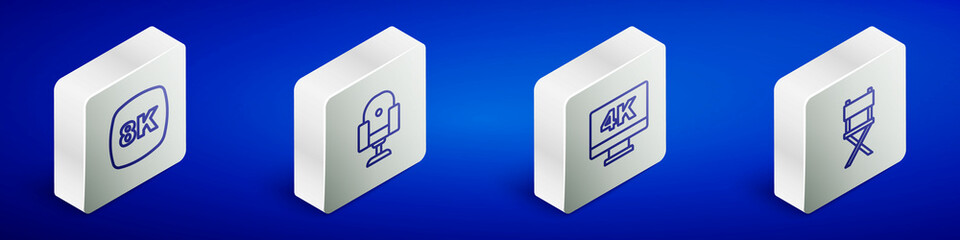 Set Isometric line 8k Ultra HD, Director movie chair, Screen tv with 4k and icon. Vector